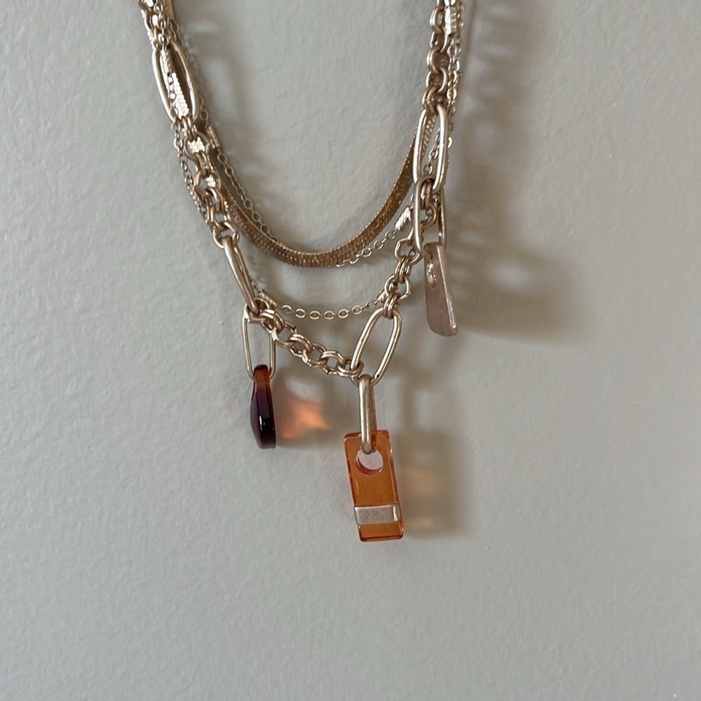 Universal Thread Gold Tone Layered Necklace Amber Resin Charm Pendant